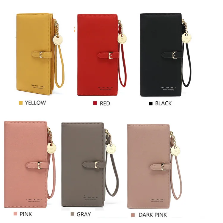 Женский кошелек тонкий кожаный однотонный большой вместимости желтый красный