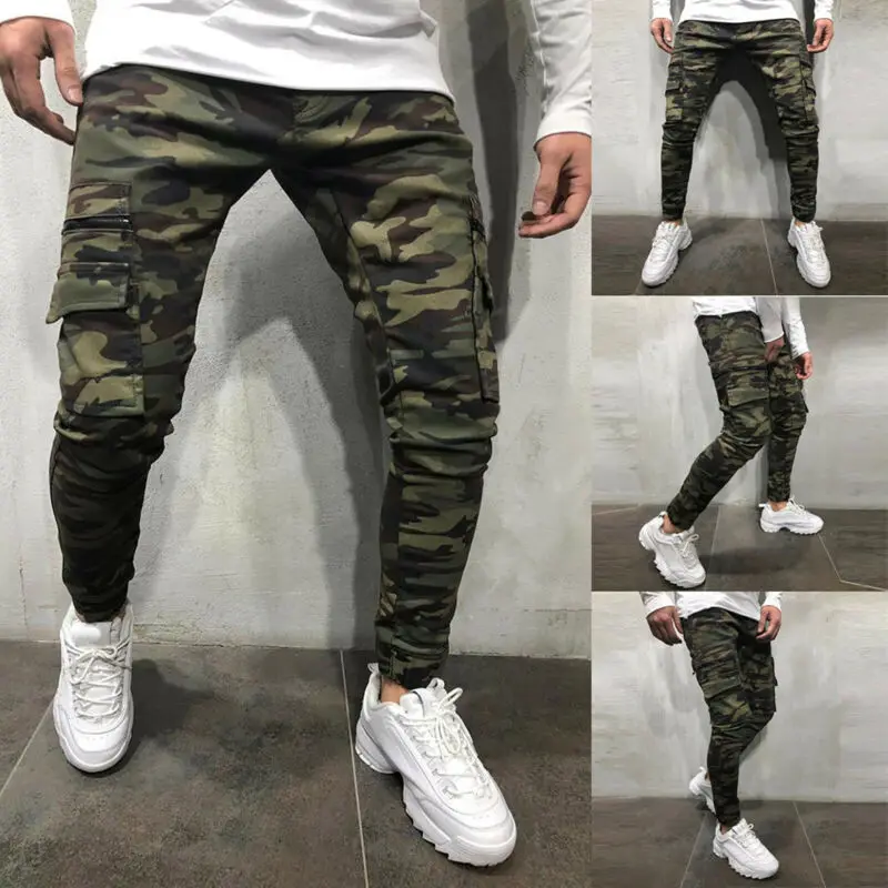 

Mens Camo Skinny Biker Jeans Cargo Pants Slim Pocket Combat Joggers Trousers US