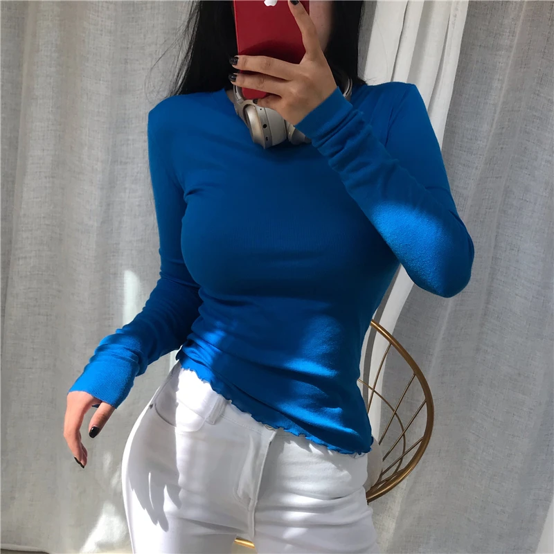 Женская Винтажная футболка осенняя облегающая мягкая Базовая с длинным рукавом