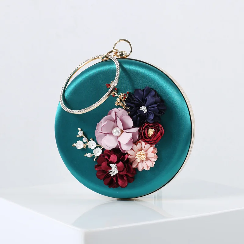 

New Arrival Flowers Evening Bag For Women Silk Applique Party Handbag Chain Metal Frame Shell Circular Shoulder Crossbody Bag