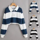 Модная полосатая футболка на пуговицах, Повседневная осенне-зимняя женская Свободная футболка, кроп-топы, женская рубашка с длинным рукавом, блузы, пуловер