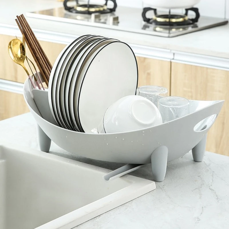 

Dish Drying Rack Oval Shaped Drainer with Utensil Holder Plate Bowl Cutlery Storage Vegetable Basket Kitchen Organizer