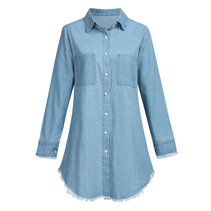 Autumn Women Jeans Tops Turn-down Collar Loose Party Clothes Long Sleeve Fashion Casual Tassel Plus Size 5xl Denim Shirt Dress |