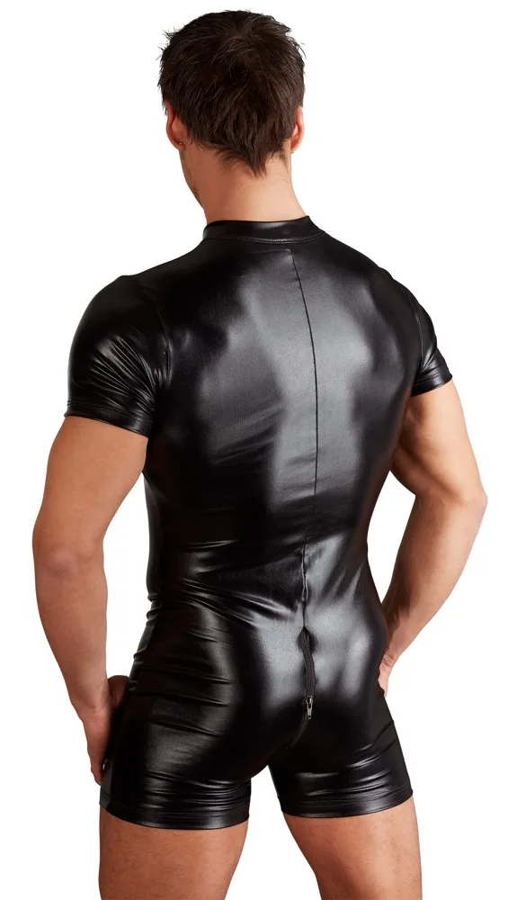 Plus S-3XL Good Quality Male PVC Leather Teddy Bodysuit Open Crotch Front Zipper Jumpsuit Mens Fetish Latex Clubwear Catsuit