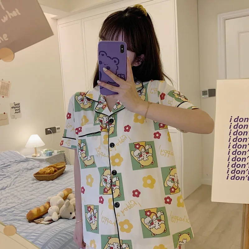 

Silka Surplus Cute Cartoon Print Pajamas Sets For Women Short Sleeve Cotton Sleepwear Pink Pijama Mujer Female Nightsuit