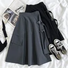 Женская юбка с высокой талией, однотонная свободная трапециевидная юбка с завышенной талией и карманами