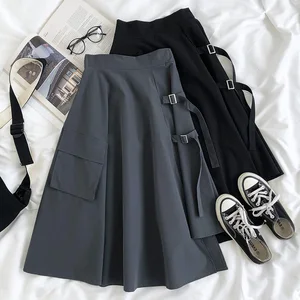 Женская юбка с высокой талией, однотонная свободная трапециевидная юбка с завышенной талией и карманами