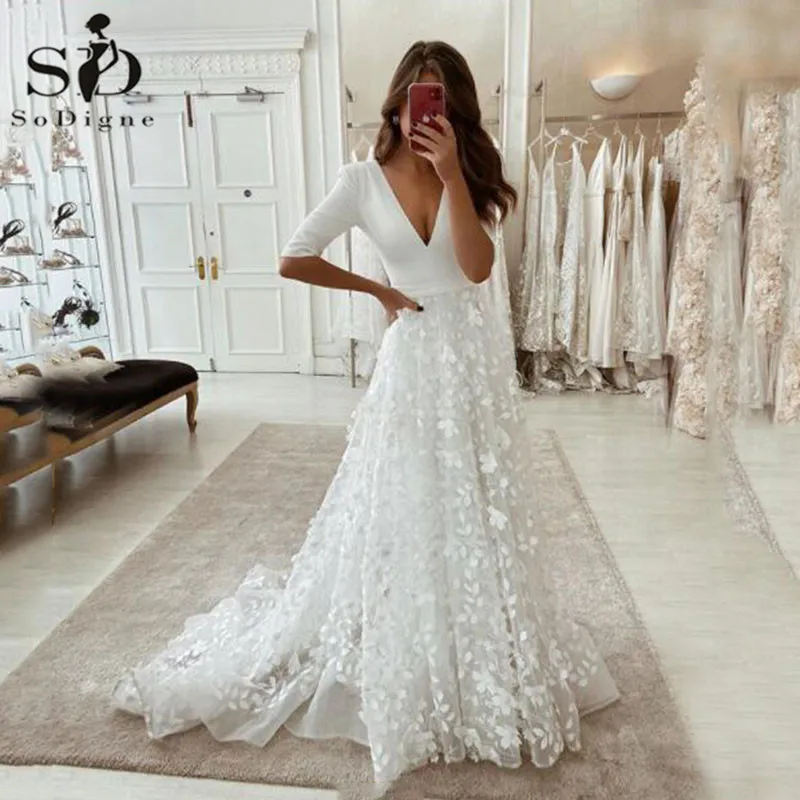 

SoDigne Boho Lace Wedding Dress V Neck Half Sleeves 3D Flower Bride Dress Princess Custom Made Wedding Gowns