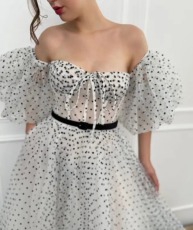 2020 High Quality Elegant Party Dress Dots Sweetheart Boat Neck Sashes Ruffles Prom Dress