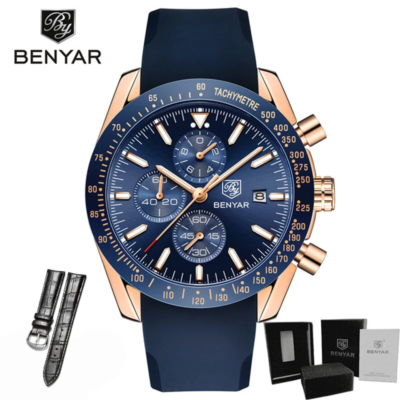 Gold Blue Strap Часы мужские роскошные брендовые BENYAR мужские синие часы с силиконовым ремешком наручные часы Мужские часы с хронографом мужские часы Relogio Masculino - Цвет: Gold Blue Strap
