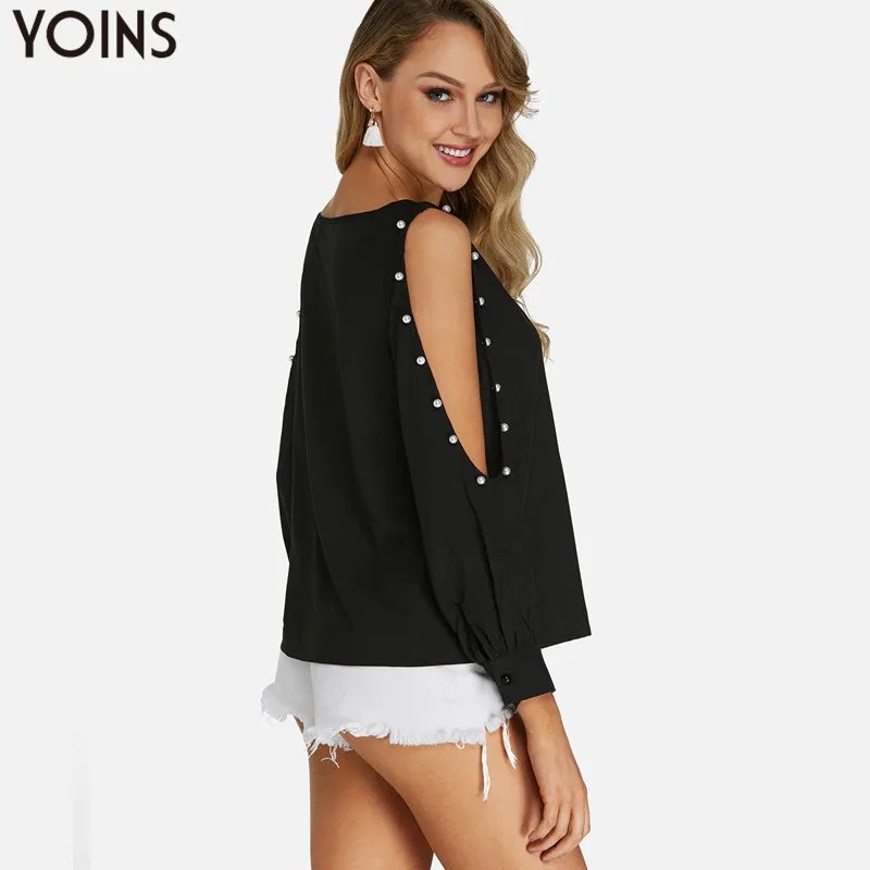 YOINS сексуальный топ с открытыми плечами 2020 блузки рубашки круглым вырезом