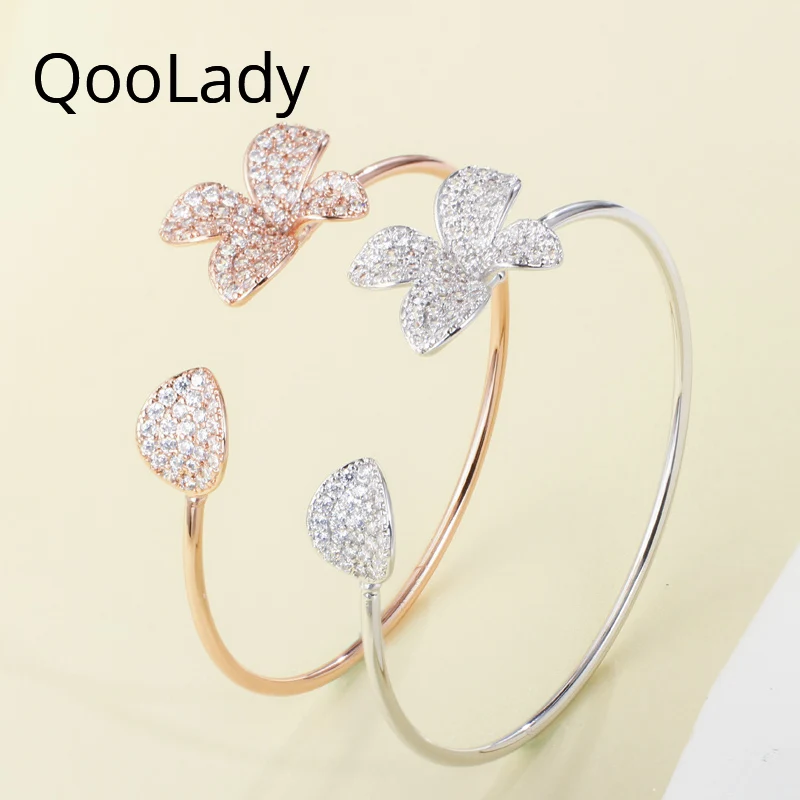 QooLady тренд регулируемый размер розовый золотой цвет открытый манжета CZ корейский лист цветок браслет на запястье очаровательные женские аксессуары ювелирные изделия K019