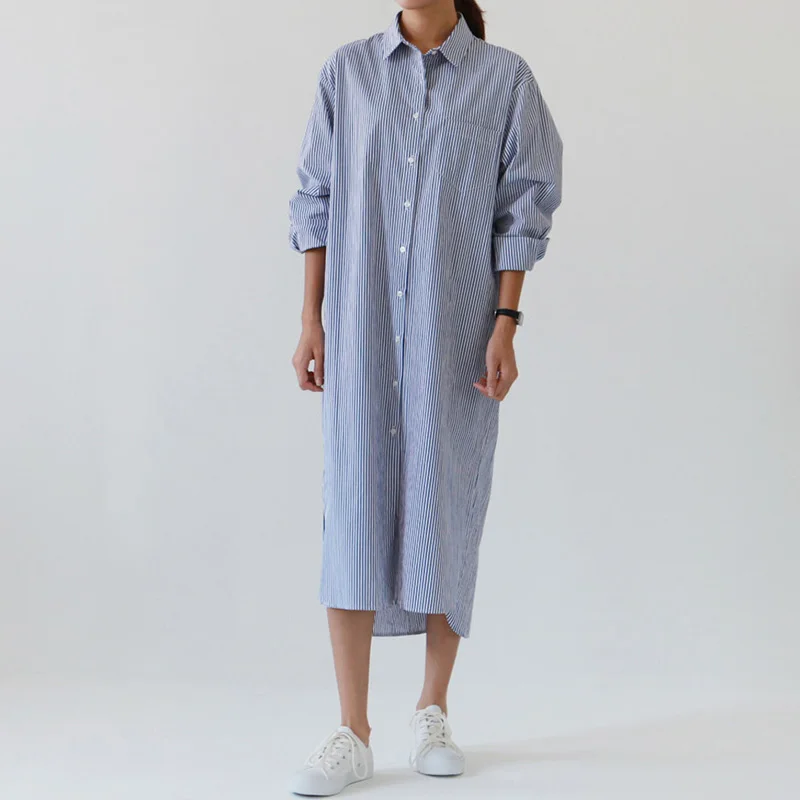 Женское платье-рубашка в полоску синее винтажное платье миди с отложным