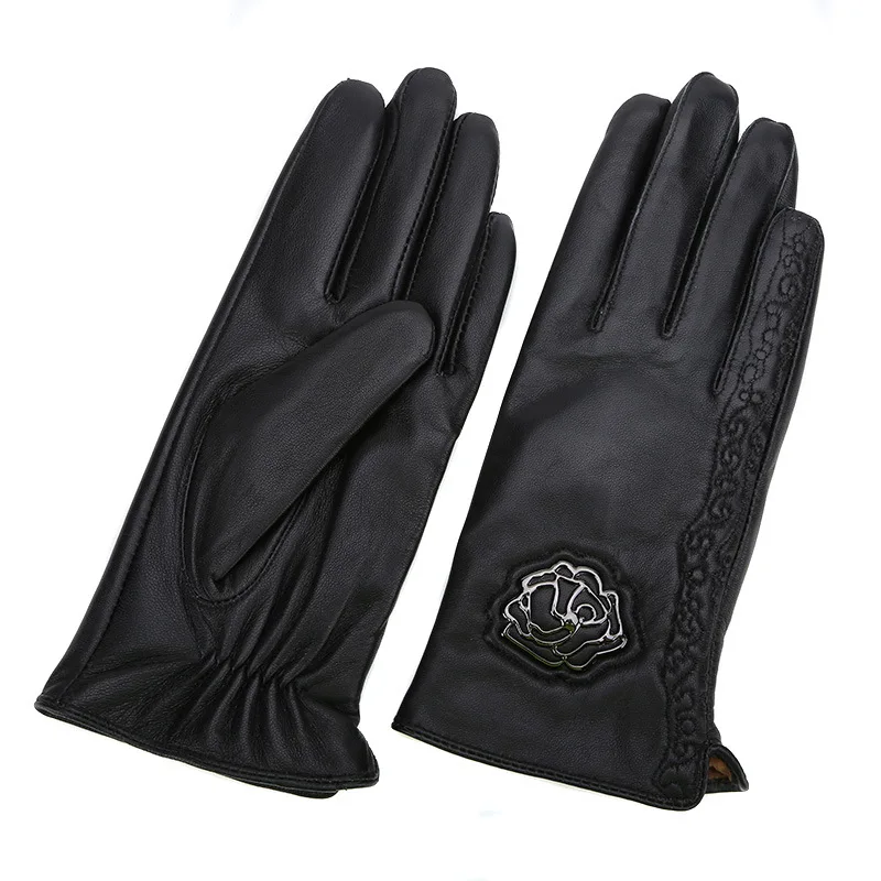 

Women's Genuine Sheepskin Leather Gloves Rose Elegant Winter Warm Driving Mittens S2362
