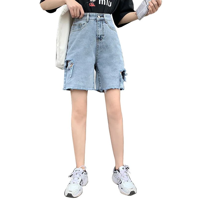 

Fitaylor 2020 High Waist Wide Leg Women Blue Hole Denim Shorts New Summer Vintage Female Stright Solid Color Jeans Shorts