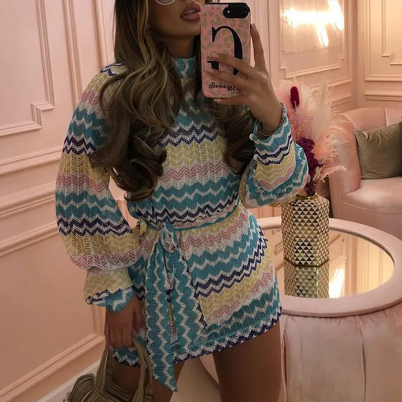 

Panelled Dresses Women Fashion O Neck Adjustable Waist Mini Dress Women Elegant Knitted Striped Dresses Female Ladies