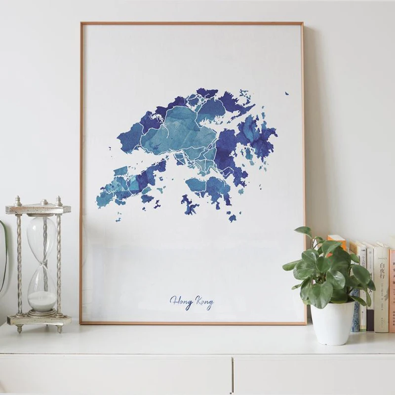 Дорожная карта Гонконга акварель-голубая живопись печать китайской карты