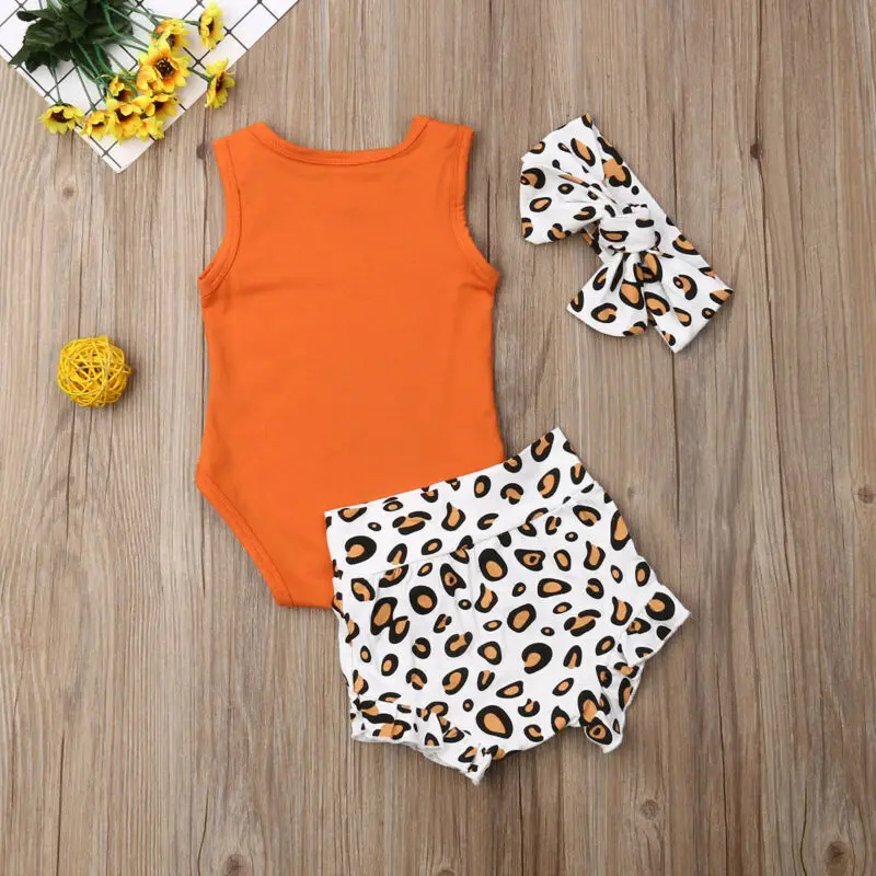 

Fashion Toddler Baby Girl Clothes Summer Cotton Sets Sleeveless Romper Leopard Shorts Headband 3Pcs Baby Girl Outfits 0-24M