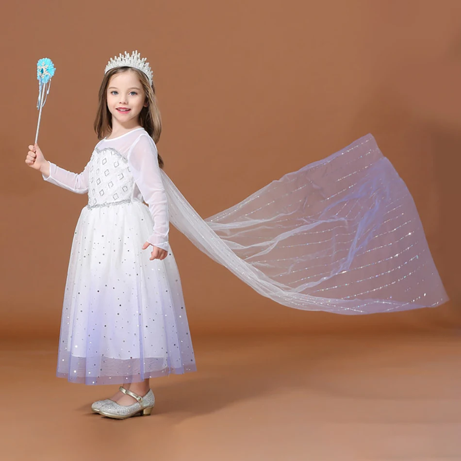 

Elsa White Dress For Girls Children Snowflake Sequin Lace Ball Gown With Long Cloak Autumn Kids Cartoon Cosplay Set