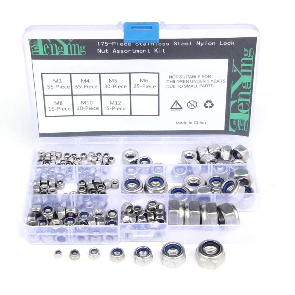 

175pcs Lock Nut Stainless Steel Nylon Lock Nut Assortment Kit for General Purpose Use
