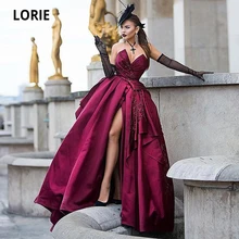 LORIE Vestidos de Noche de satén burdeos, vestidos largos de lujo con cuello en V, apliques de encaje, para fiesta de graduación, de comunión con cordones, 2020 (2)