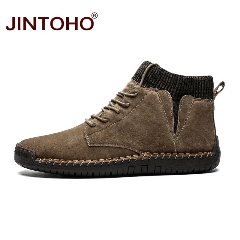 Ботинки JINTOHO мужские кожаные до щиколотки модные брендовые теплые ботинки из