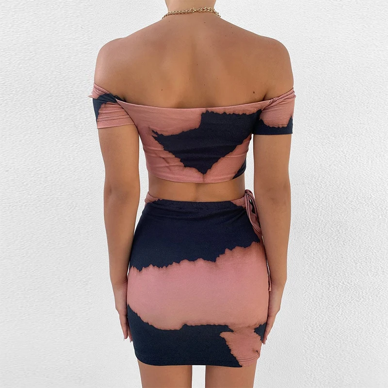 2021 Women Two Piece Sets Summer Print Skirts Sets Female Short Sleeve V Neck Crop Tops Blouse and Mini Skirt Harajuku Clothing