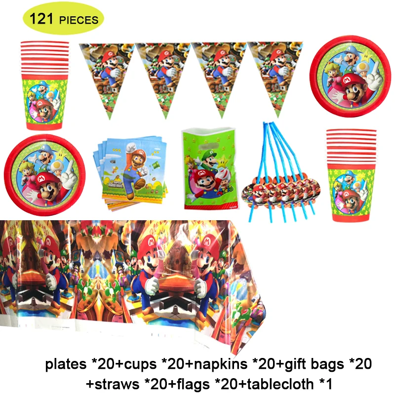 

Boys Favor Super Bros Birthday Party Supplies Decorations Flags Disposable Cup Plates Napkins Tableware Baby Shower Tablecloth