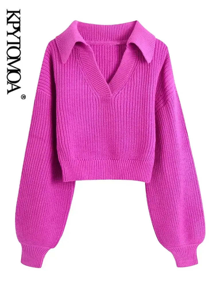 

KPYTOMOA Women Fashion Cropped Knit Sweater Vintage Johnny Collar Lantern Sleeve Female Pullovers Chic Tops