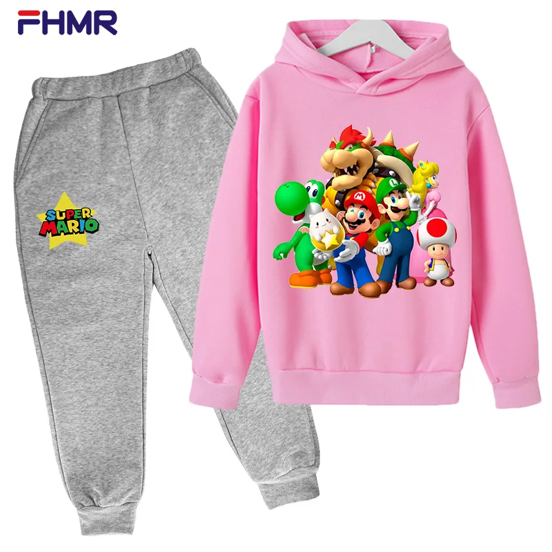 

2021 Hot Sale Boys Girls Clothes Kids Sports Clothes Mario Set Youth Hoodie + Pants 2-piece Set Jogging Autumn Leisure Sports
