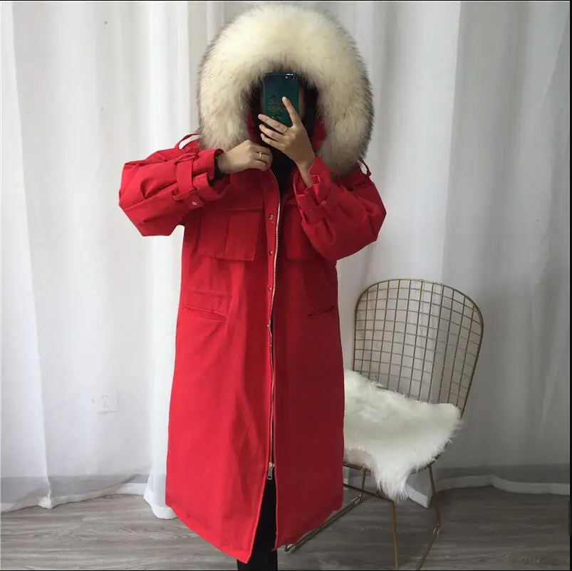 2019 grand rеel naturel fourrure de raton laveur col ecpais chaud vers le bas Parka а capuche Long canard blc veste|Женские парки| |