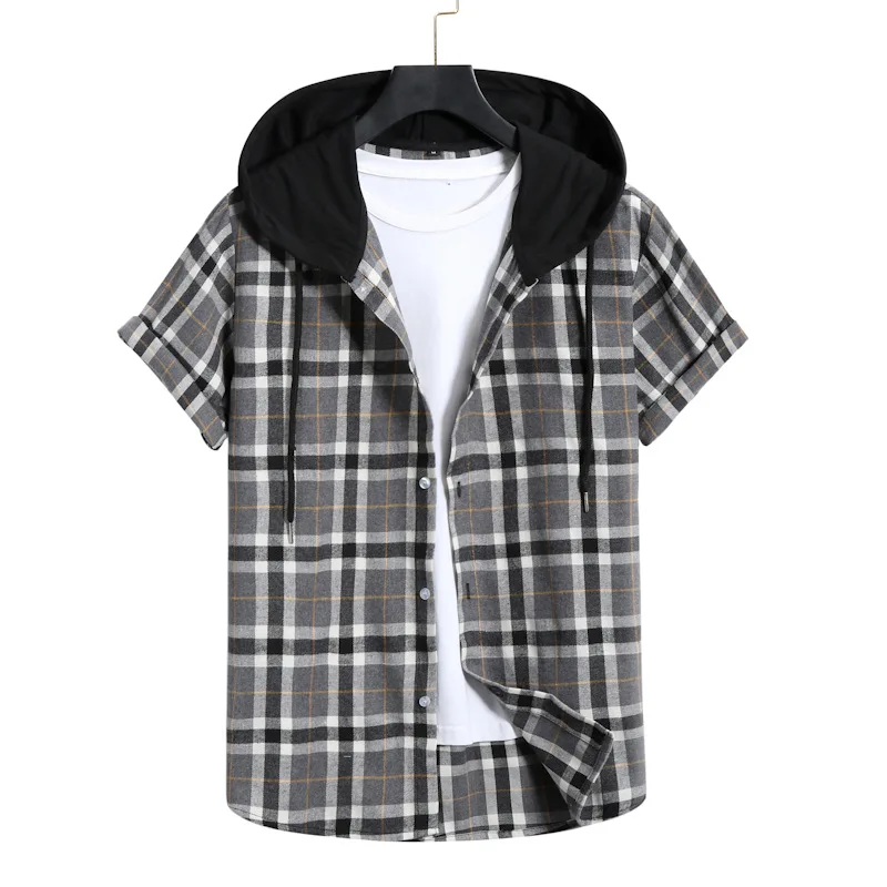 

Summer New Mens Casual T-shirt Fashion Plaid Shirt Mens Short-sleeved Hooded Sweater Cotton Black -40