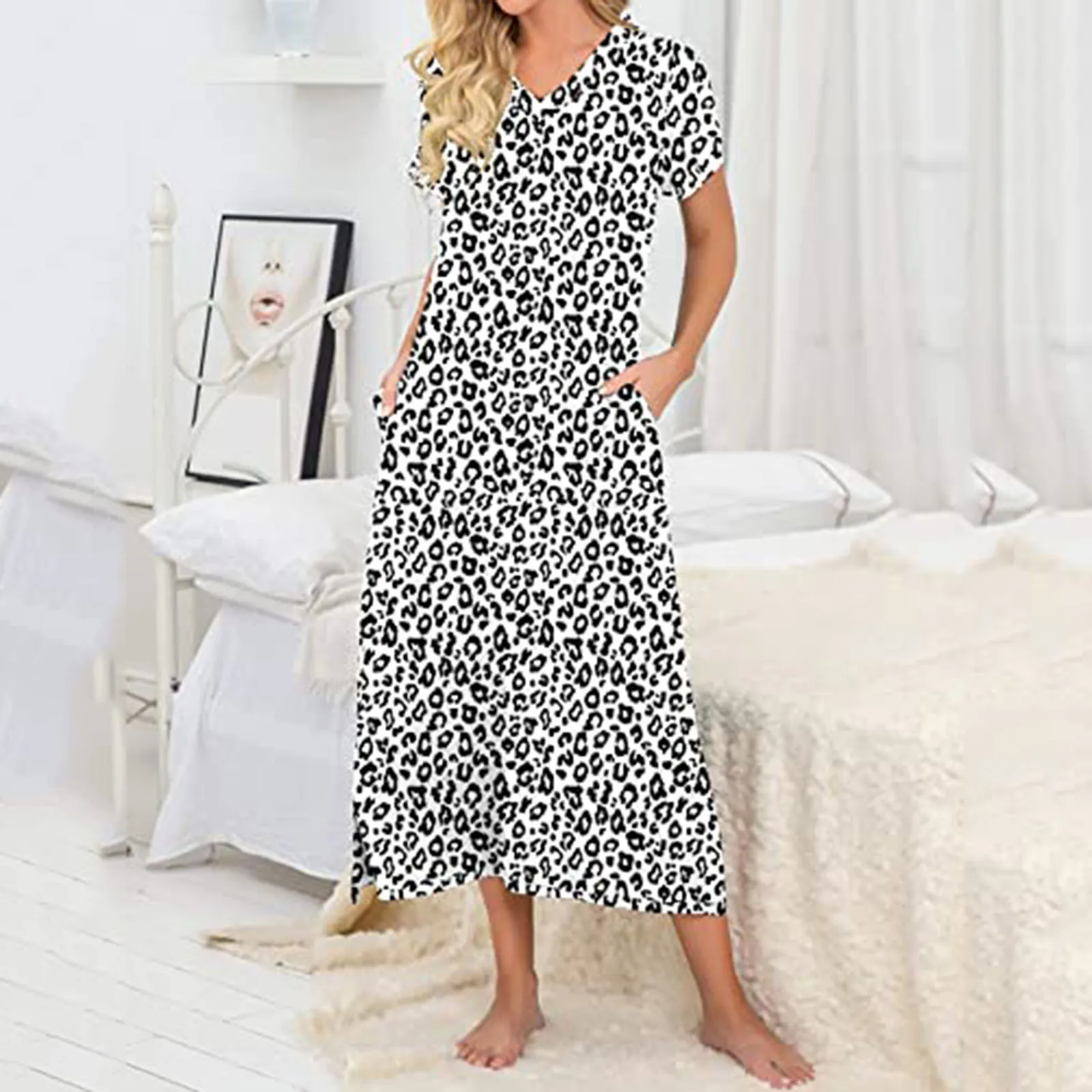 

Leopard Long Nightgown Slits Nightdress Women V-Neck Soft Short Sleeve Sleepshirt Comfort Nightwear Loungewear With Pocket