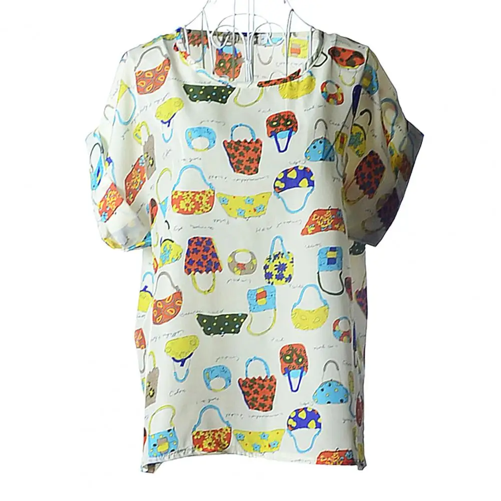 

Women Summer Bird Sword Print O Neck Short Sleeve Loose Chiffon Blouse T-shirt