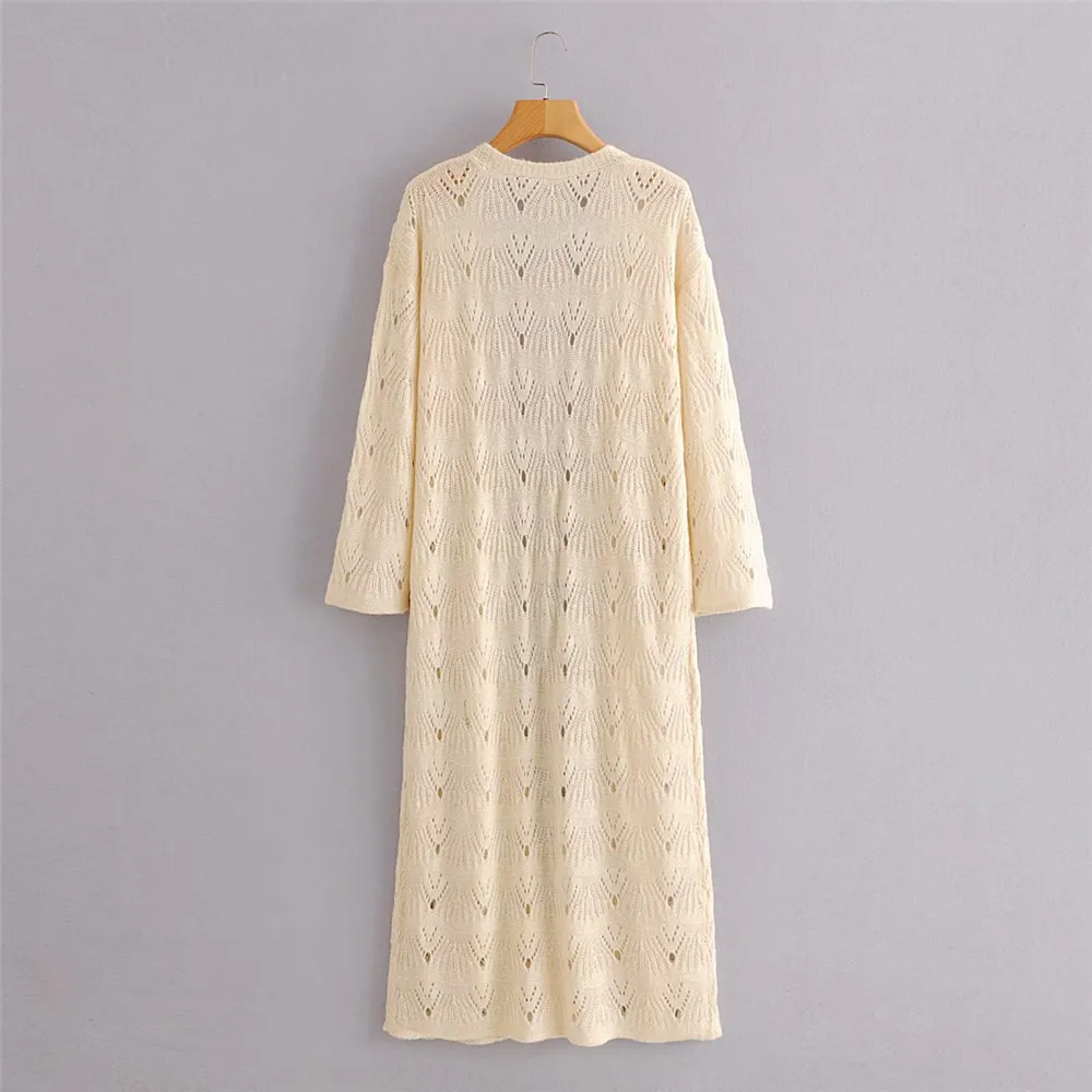 

Alifus Za women Casual Long thin Sweater Coat female Autumn Solid Loose Knitted Cardigans Oversized Hollow Out Sweater Trench