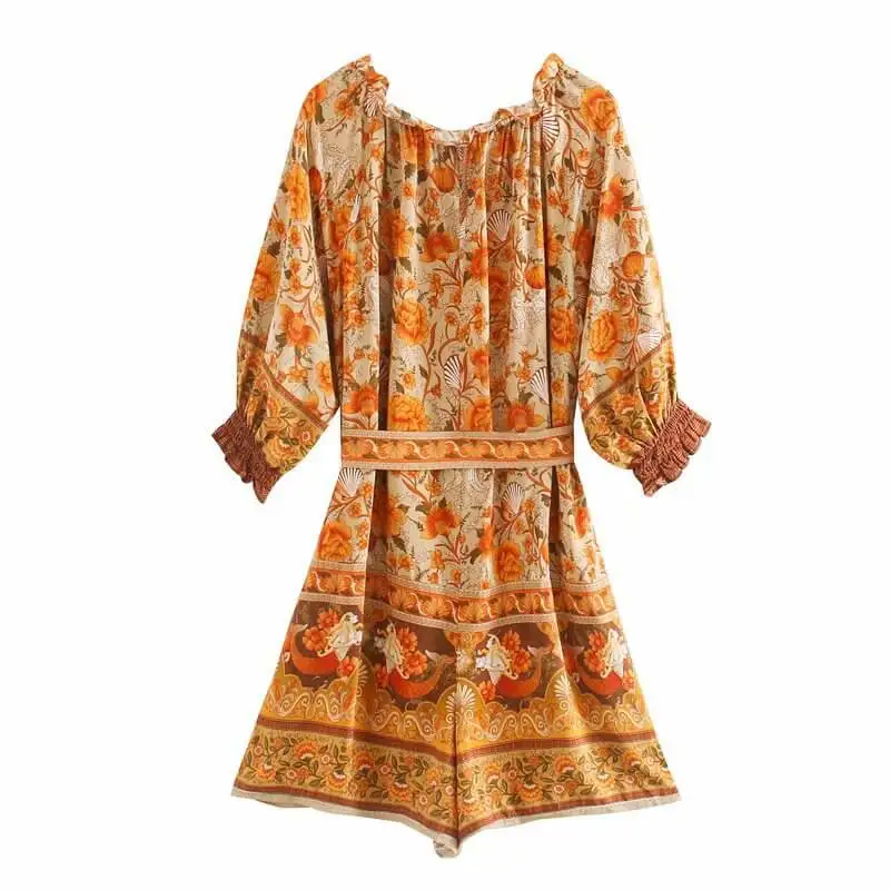 

Retro Sashes Half Sleeve Spring Summer Playsuits Women Romper Loose Print Bohemian Jumpsuit Clothes