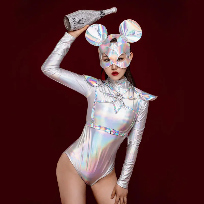 

Women Dance Team Jazz Stage Wear holographic Bodysuit Mask body belt Bar Nightclub DS GOGO Costume Party festival rave costume