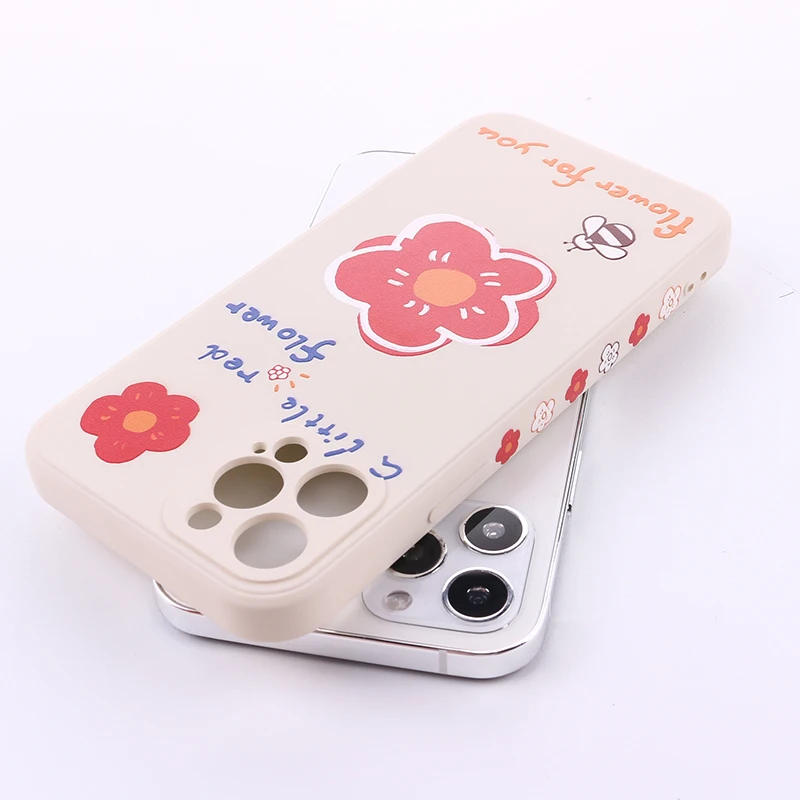 

Cartoon Smiley Beautiful Flowers Liquid Silicone Phone Case For iPhone 11 12 Pro Max Mini X XR XS 7 8 Plus Shockproof Soft Cover