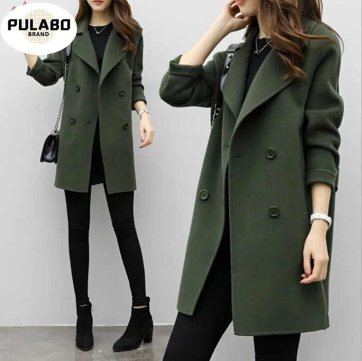 

Women Woolen Coat 2021 Autumn Winter New Double-breasted Long Sleeve Loose Coats Turn-Down Collar Outwear Plus Size