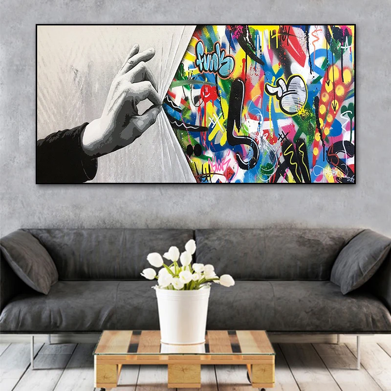 

Street Graffiti Art Behind The Curtain Canvas Painting Cuadros Posters Print Wall Art for Living Room Home Decor (No Frame)