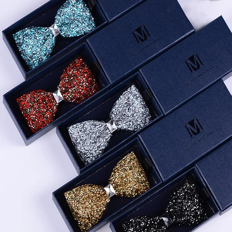

2020 Brand New Fashion Men's Bow Ties Double Fabric Rhinestone Bowtie Banquet Wedding Party Ceremony Butterfly Tie with Gift Box