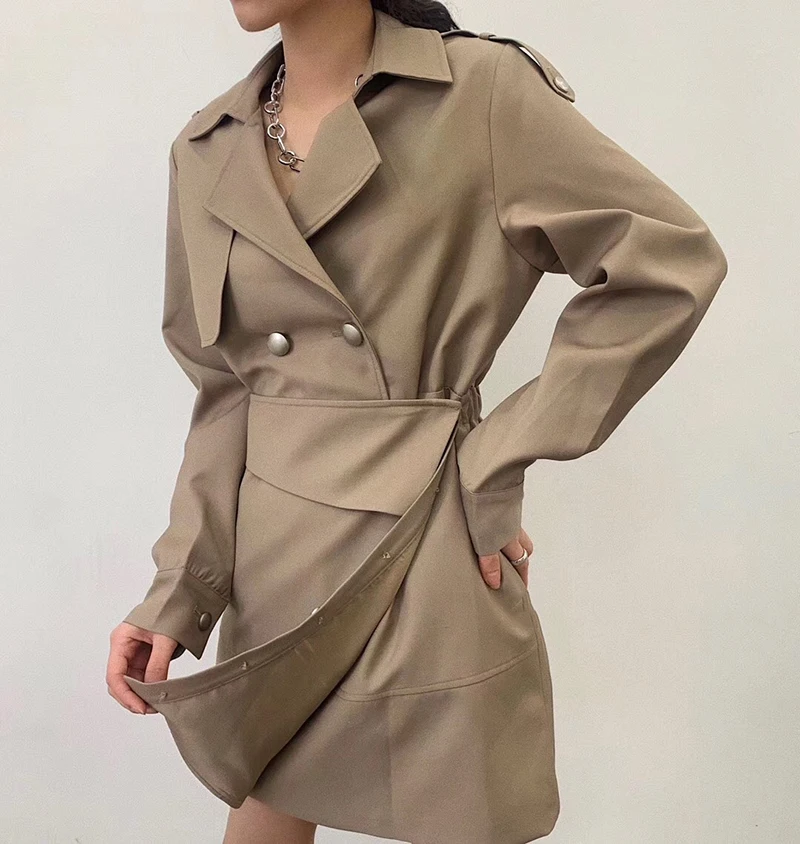 

IEQJ Women Gray Button Irregular Split joint Dress New Lapel Long Sleeve Loose Fit Fashion Tide Spring Summer 2021 1U992