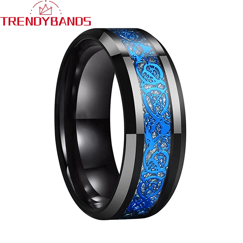 

Black 8mm Blue Dragon Inlay Tungsten Wedding Bands For Men Women Beveled Edges Polished Shiny Comfort Fit