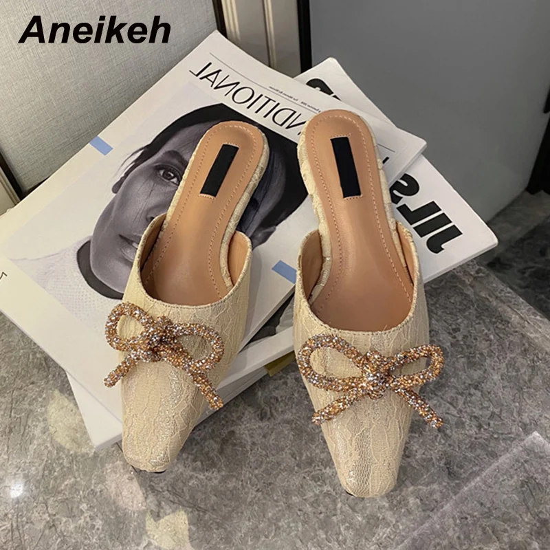 

Aneikeh Fashion Lace Square Toe low-heel Women Slingbacks Mules Butterfly-Knot Decoration Slip-On Party Dress Slippers Elegant