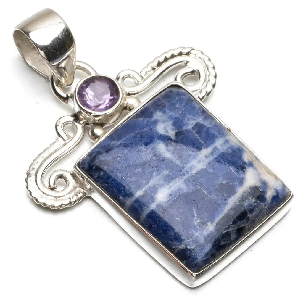 Подвеска серебряная в стиле панк с натуральным темно-синим кальдалитом и