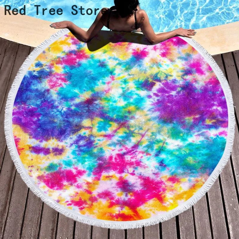 

3D Round Beach Towel 150 Bath Cover Microfiber Towel Bathrobe Portable Mat Rainbow Tie Dye Adult Kids Colorful Quicksand Design