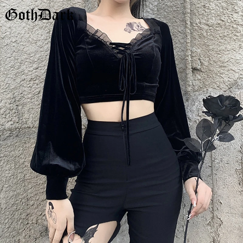Goth Dark Romantic Gothic Velvet Women Crop T-Shirts Black Bandage Lace Patchwork Sexy Tops Lantern Sleeve Retro Ladies Clothing