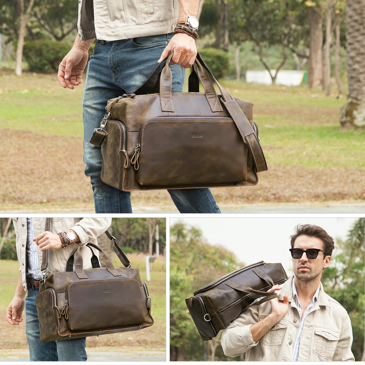 Genuine Cowhide Leather Luggage Bags Business Trip Travel Bag For Men Outdoor Duffle Bag Shoulder Bag Male Female Vintage Design