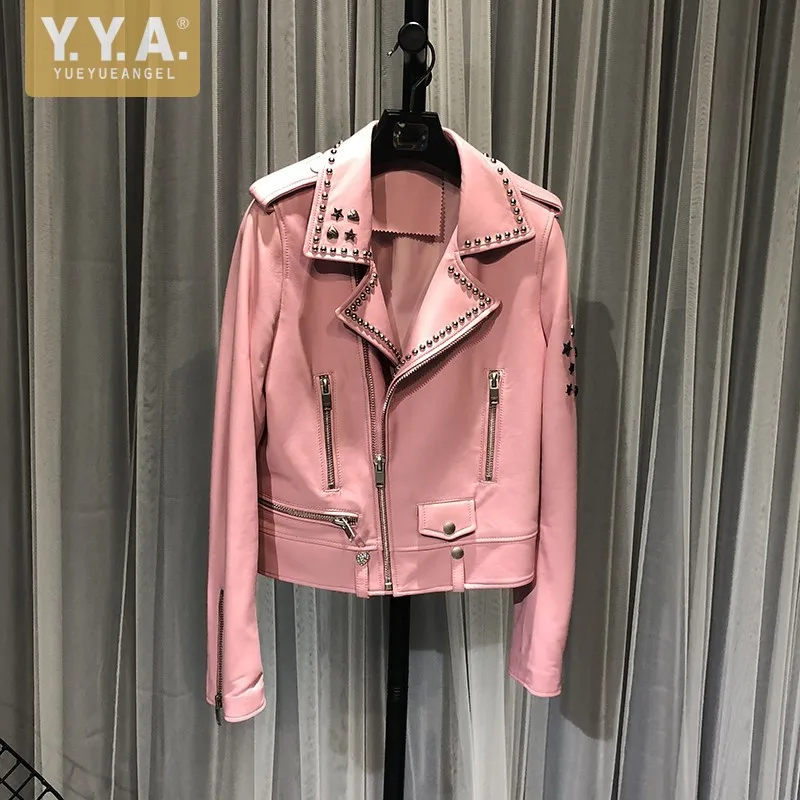 

High Quality Women Pink Sheepskin Genuine Leather Jacket Short Rivets Star Studded Punk Style Coat Ladies Runway Biker Jacket