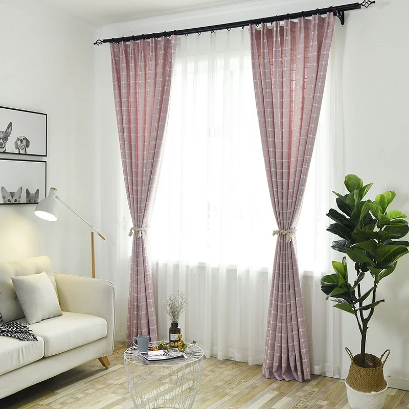 Korean-style Curtains for Living Dining Room Bedroom Solid Color Lattice Hemp Curtain Pink Blue Green Gray Five Colors Available | Дом и сад